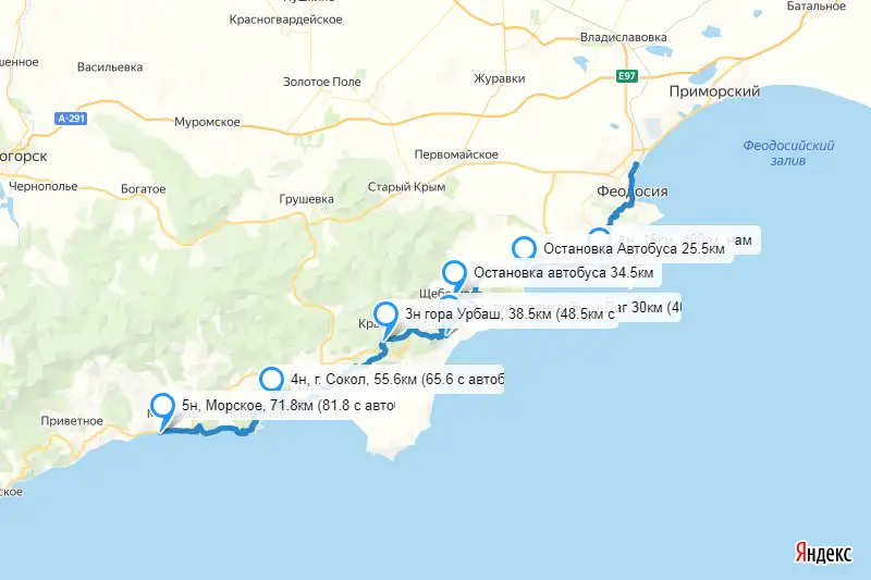 Маршрут Феодосия - Морское на карте