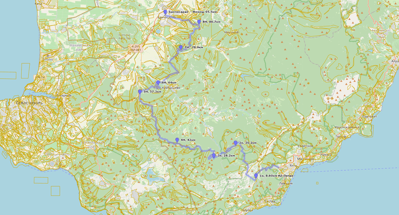 Карта маршрута похода по Крыму