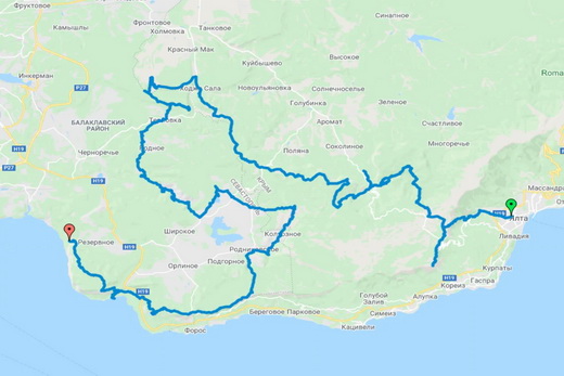 карта похода-путешествия по Крыму десять дней лета