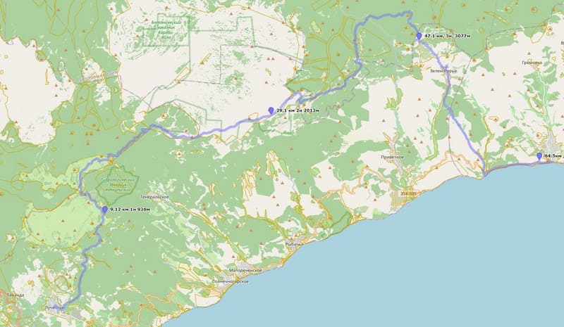 Карта маршрута похода по Крыму