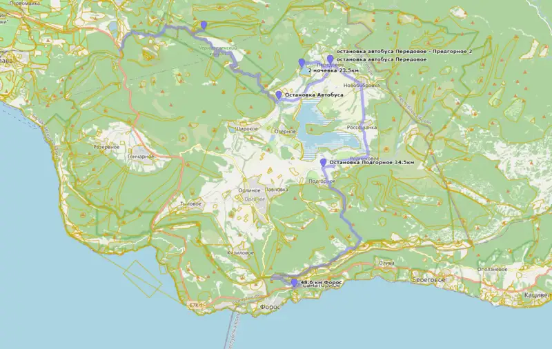 Маршрут похода по Крыму с двумя ночевками на карте